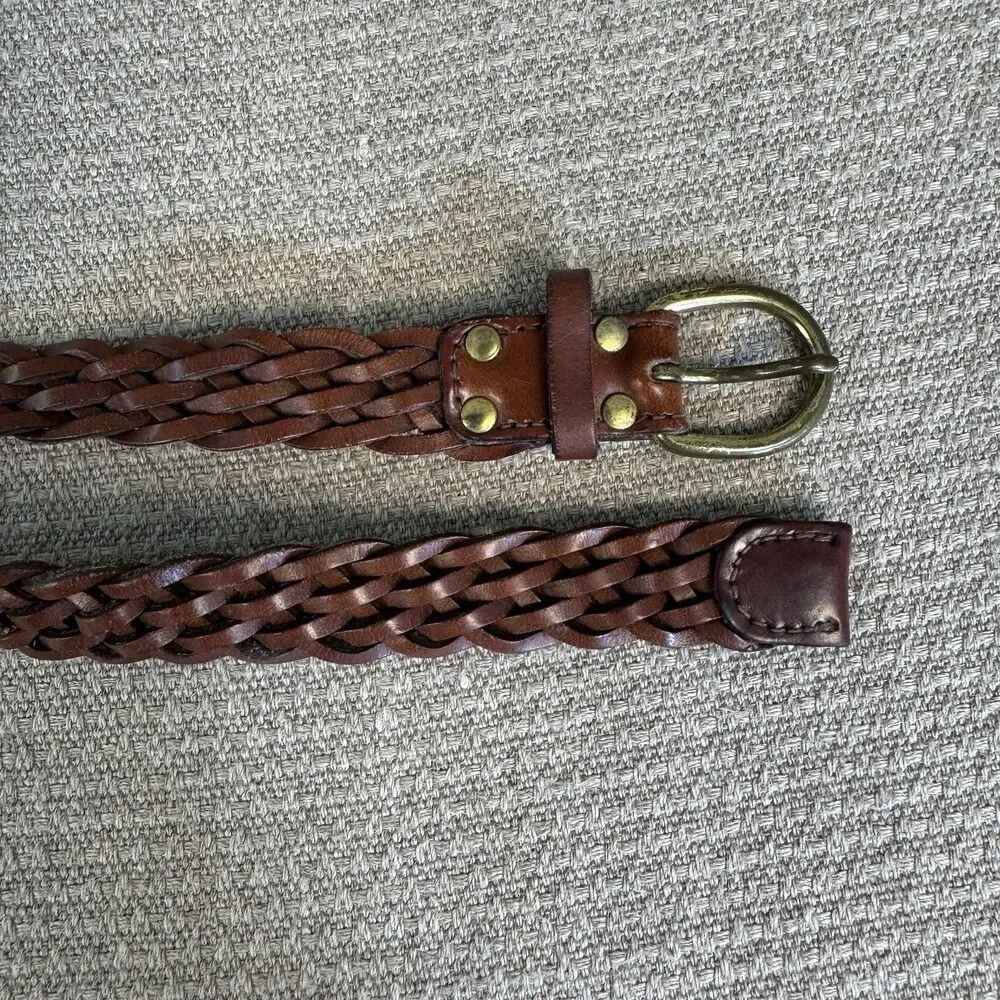Vintage Classic Brown Leather Woven Belt Brass Buckle Sz S/M Preppy Women’s 549